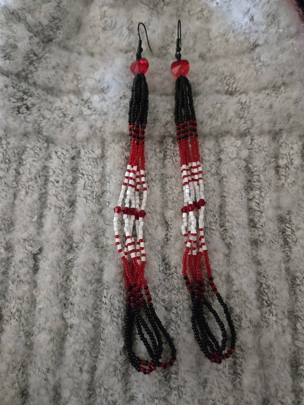 Handmade Red, White & Black Beaded Dangle Earrings With Mini Hearts